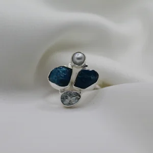 טבעת כסף בשילוב אבני חן אקווה מרין לא מלוטש